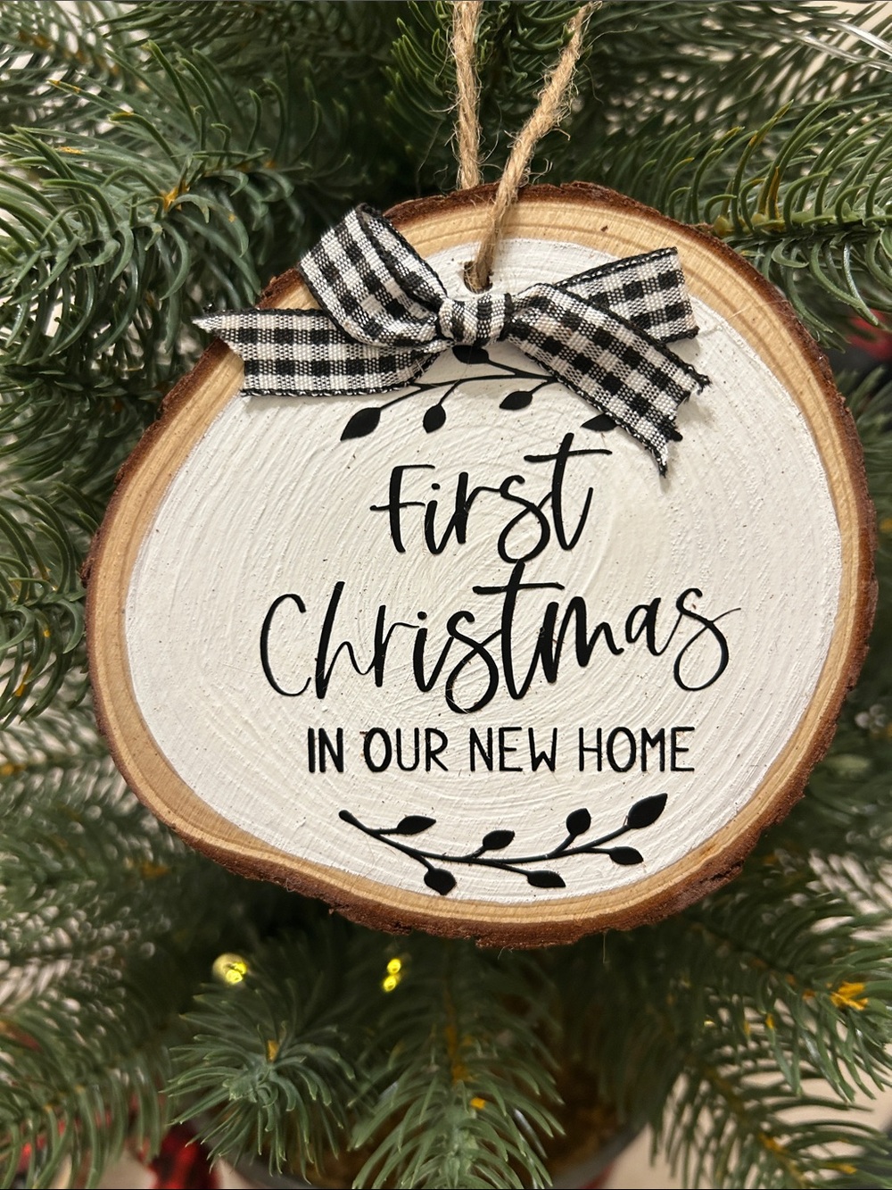 First Christmas in Our New Home Wood Slice Ornament - Black & White
